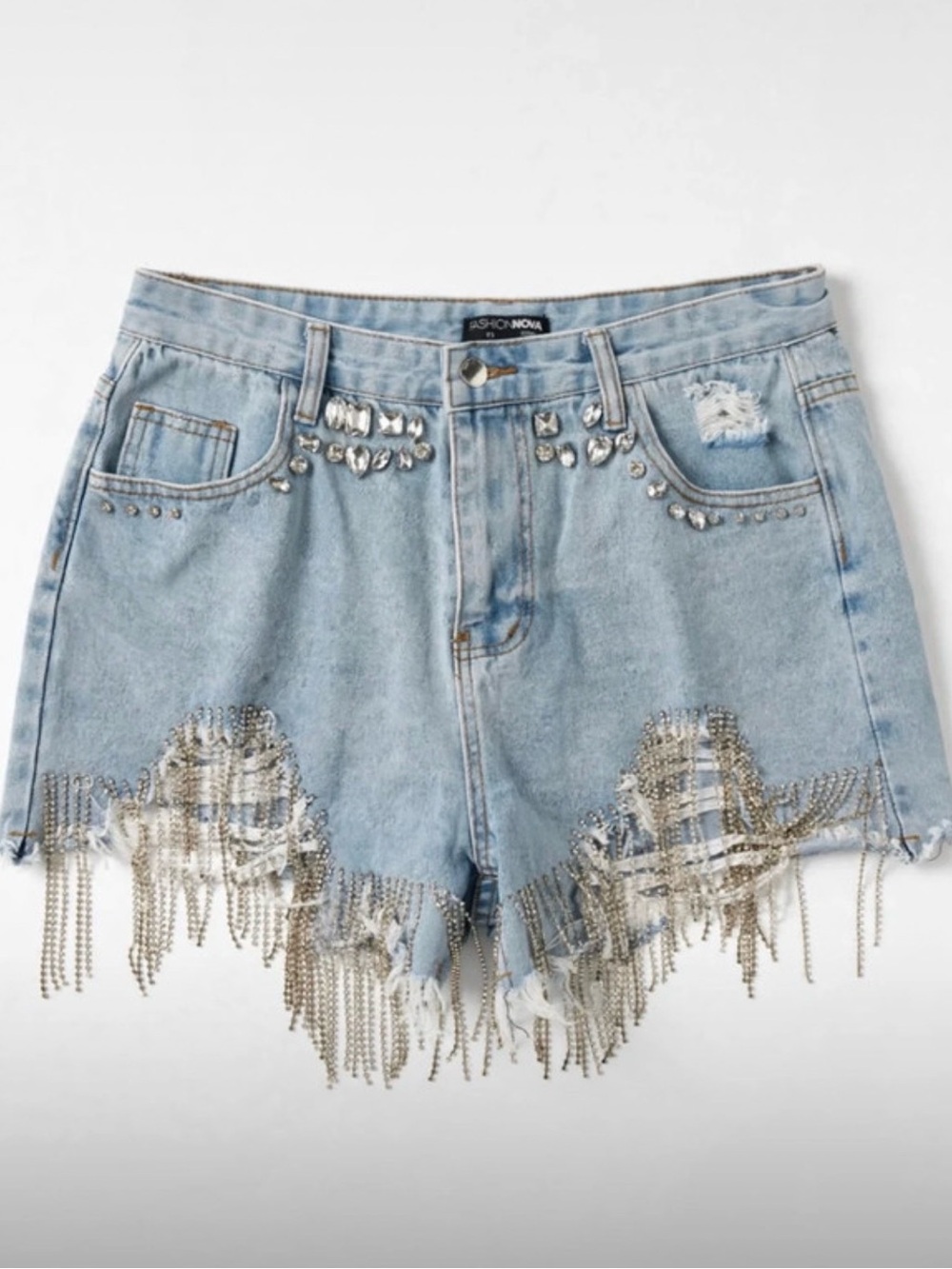 Fashion Nova Light Blue Distressed Denim Shorts with Silver Fringe
